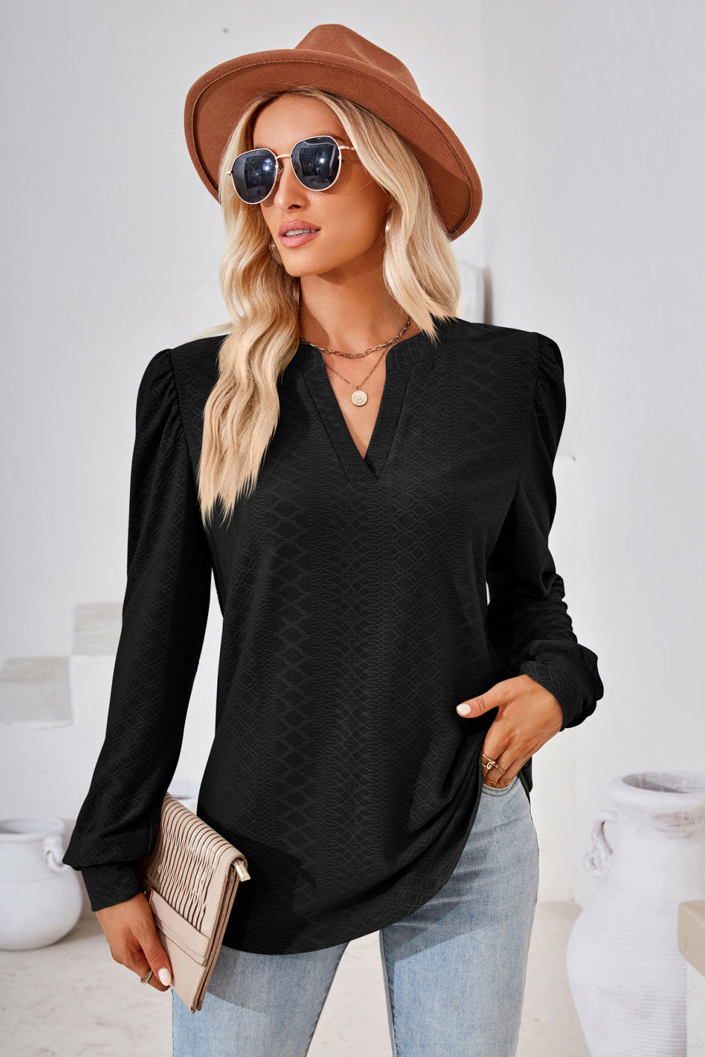 Blouse à manches bouffantes et col en V pour femmes - Projet Paris - Élégante et légère
