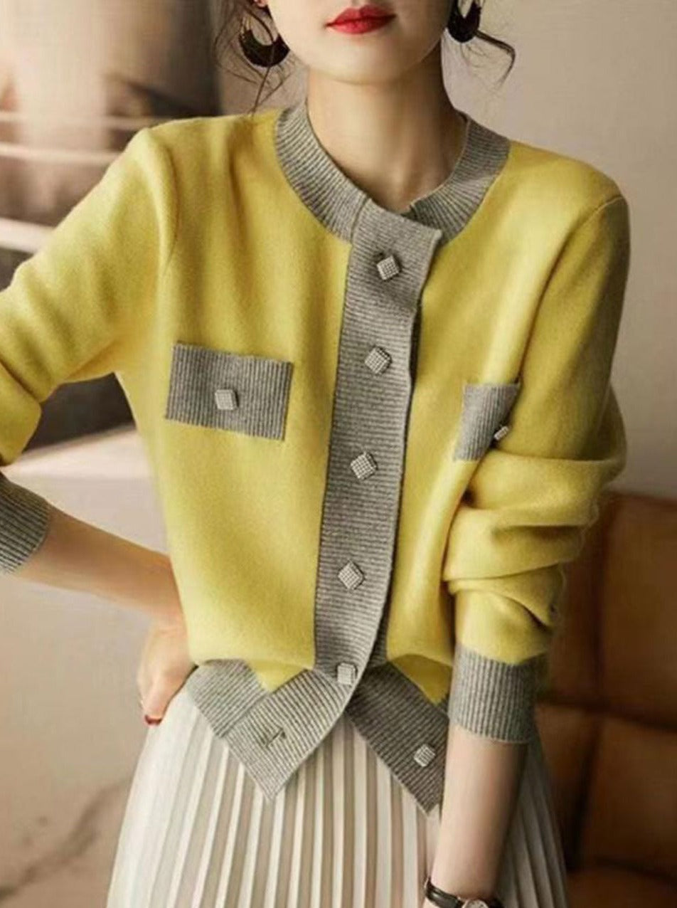 Cardigan tricoté rétro à patchwork contrasté - Projet Paris - Style unique et confort intemporel
