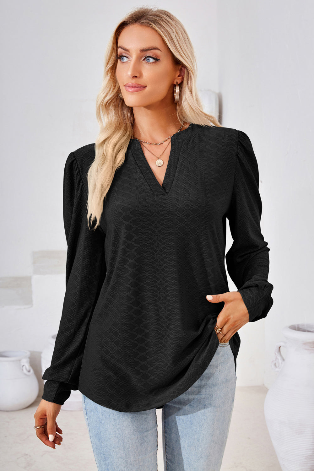 Blouse à manches bouffantes et col en V pour femmes - Projet Paris - Élégante et légère