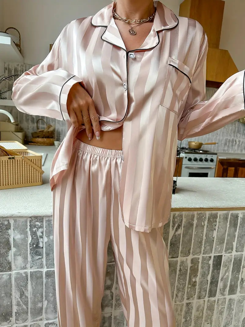 Ensemble Pyjama Satin Rayé Champagne – Projet Paris – Confort et élégance