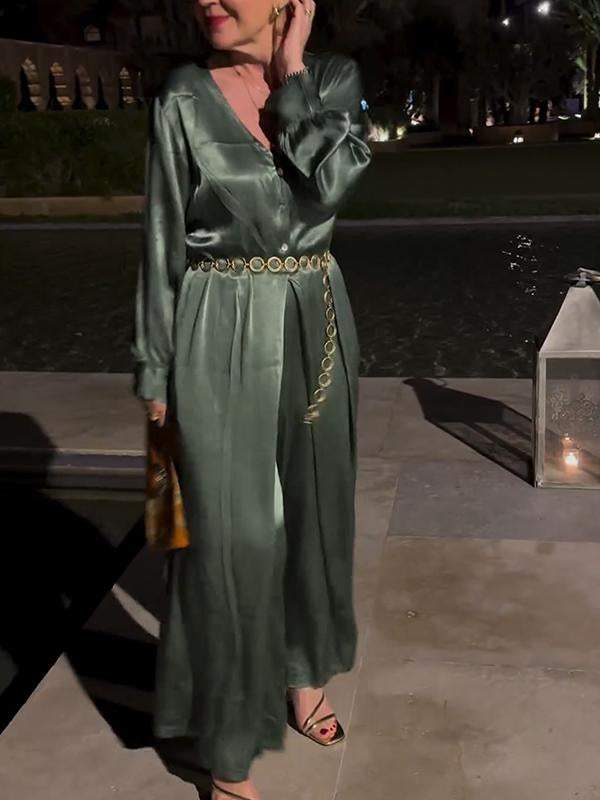 Jumpsuit satinée à manches longues et col en V - Élégance et confort - Projet Paris