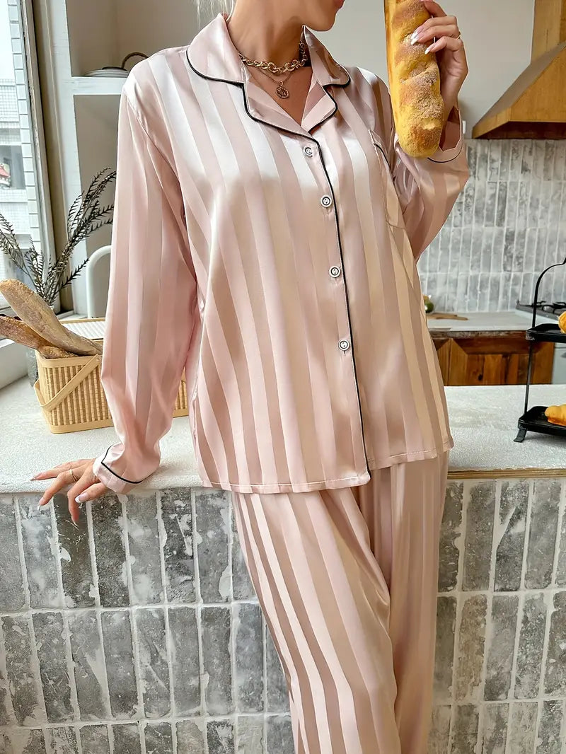 Ensemble Pyjama Satin Rayé Champagne – Projet Paris – Confort et élégance