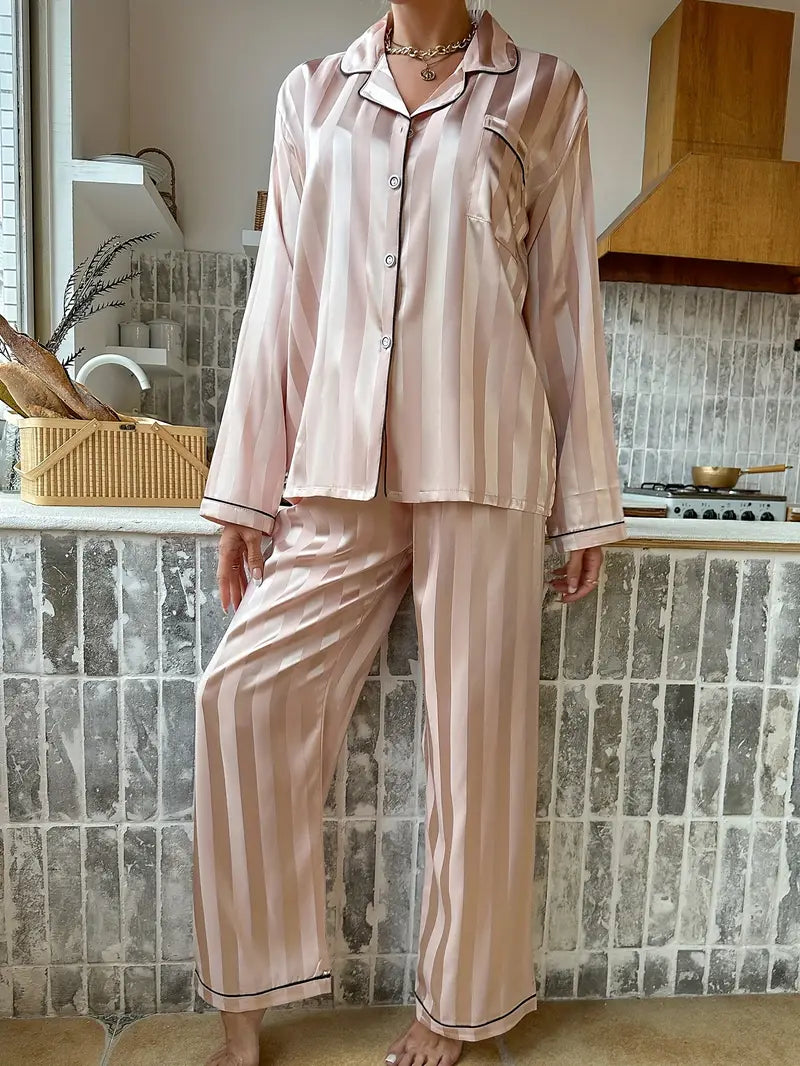 Ensemble Pyjama Satin Rayé Champagne – Projet Paris – Confort et élégance