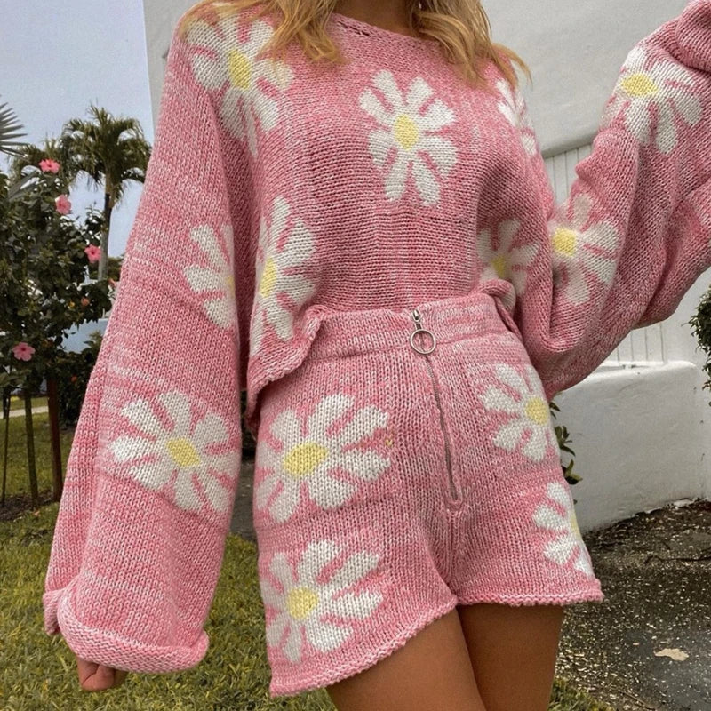 Ensemble tricoté fleuri stylé [Pull + Short] pour femmes - Projet Paris - Tendance et confortable