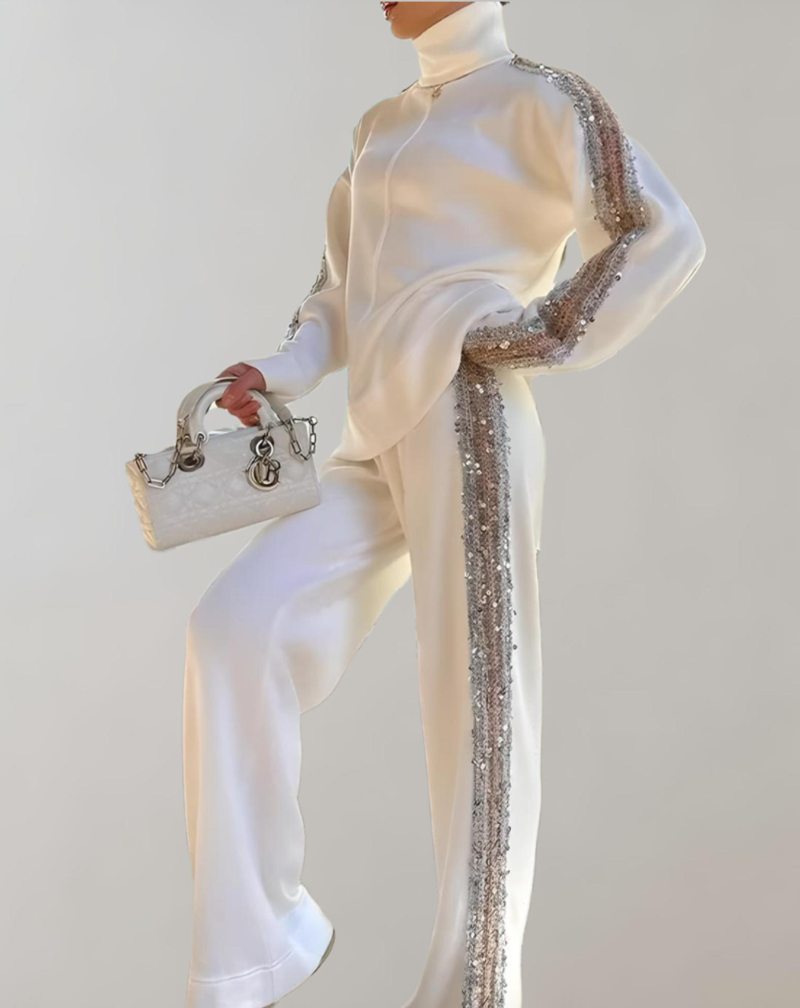 Ensemble élégant avec pull pailleté blanc et pantalon large - Tendance - Projet Paris - Parfait pour les occasions
