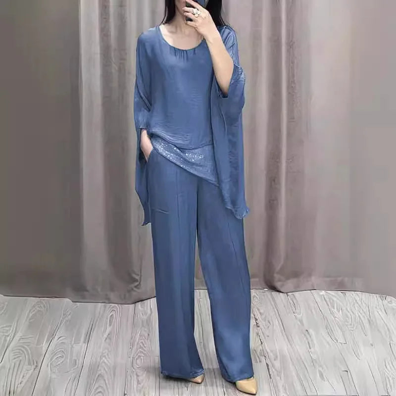 Ensemble Deux Pièces Femme – Projet Paris – Pantalon à Jambe Large et Haut à Manches Chauve