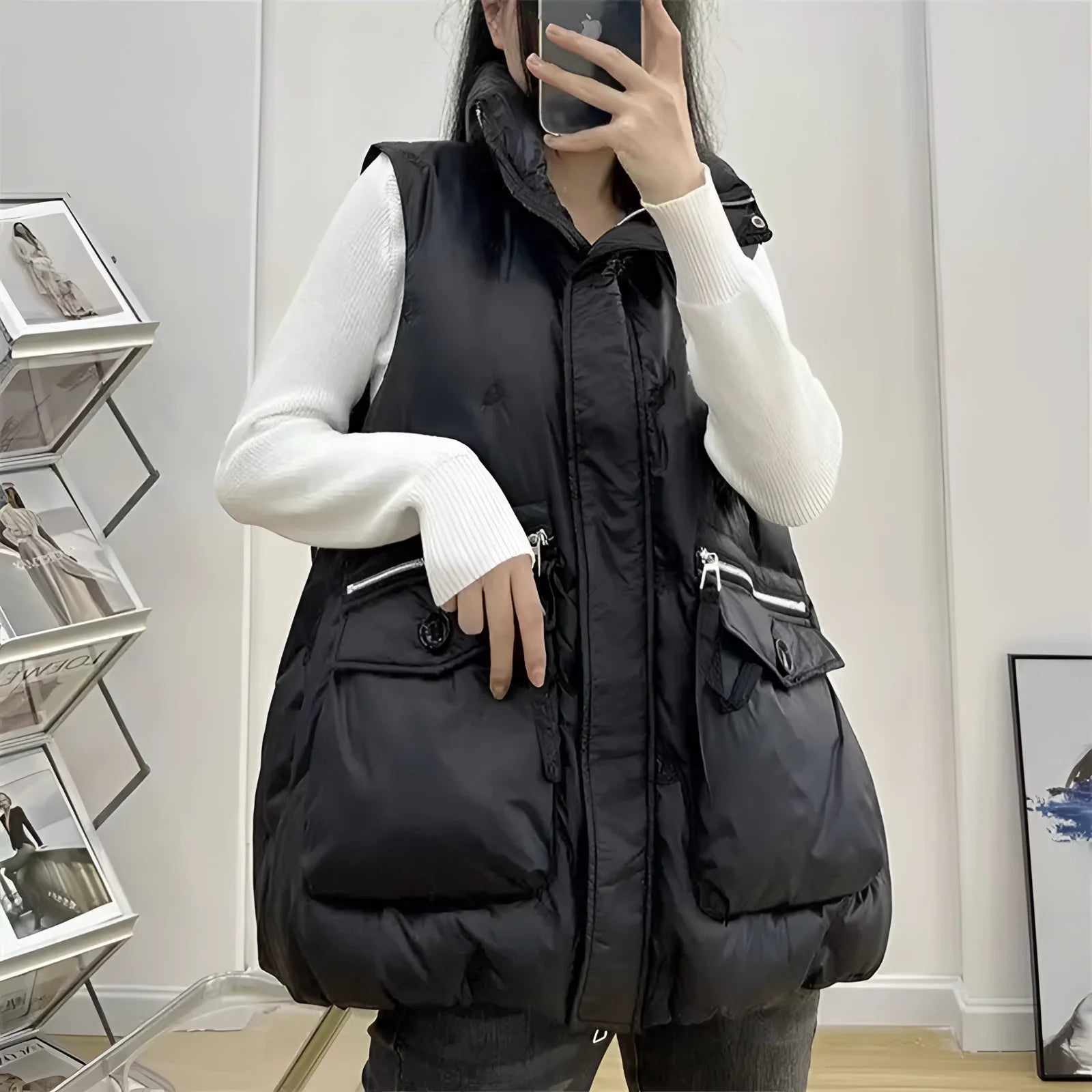 Gilet cargo oversize crème pour femmes avec poches et fermeture éclair - Projet Paris - Style décontracté