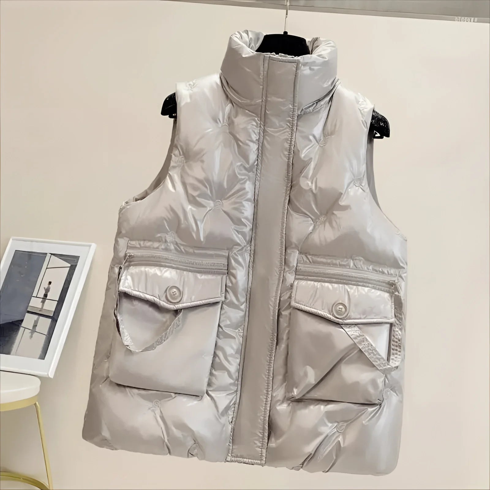Gilet cargo oversize crème pour femmes avec poches et fermeture éclair - Projet Paris - Style décontracté