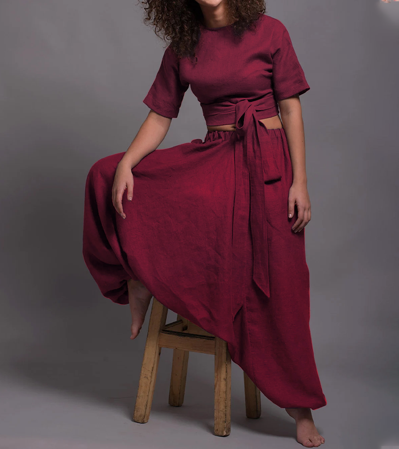 Ensemble décontracté en lin avec pantalon baggy et top - Style fluide et confortable