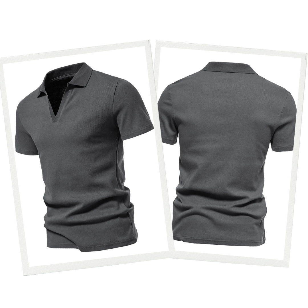 Polo homme en laine merino – Manches courtes, col en V – Projet Paris – Élégance décontractée